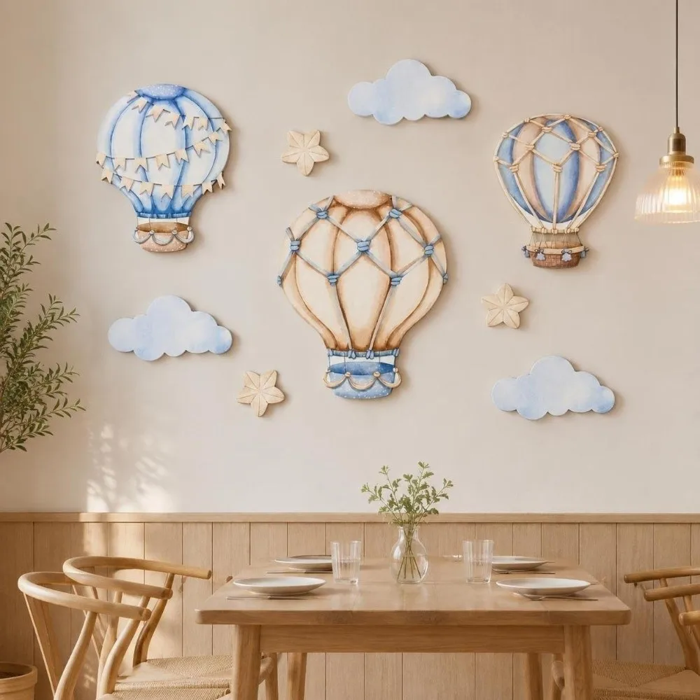 9PCS/SET 2D Flat Hot Air Balloon Wall Decor Cartoon Vintage Wall Hanging Ornament Watercolor Nursery Wall Art Sticker Bedroom