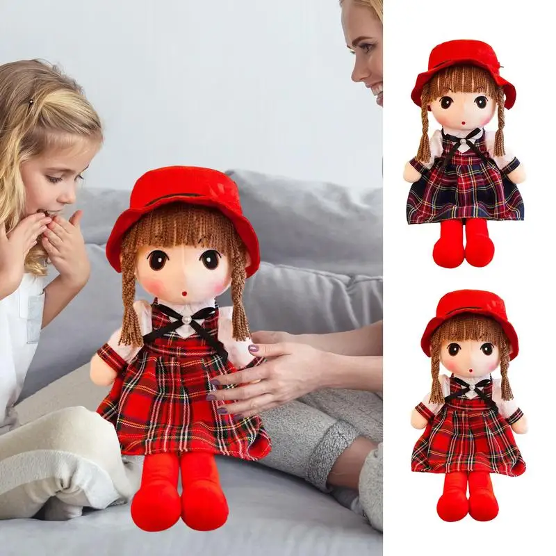 Stuffed Girl Doll Soft Buddy With Hat And Clothes Sleeping Partner Dolls Brown Hair First Rag Doll Portable Girl Toy For Kids