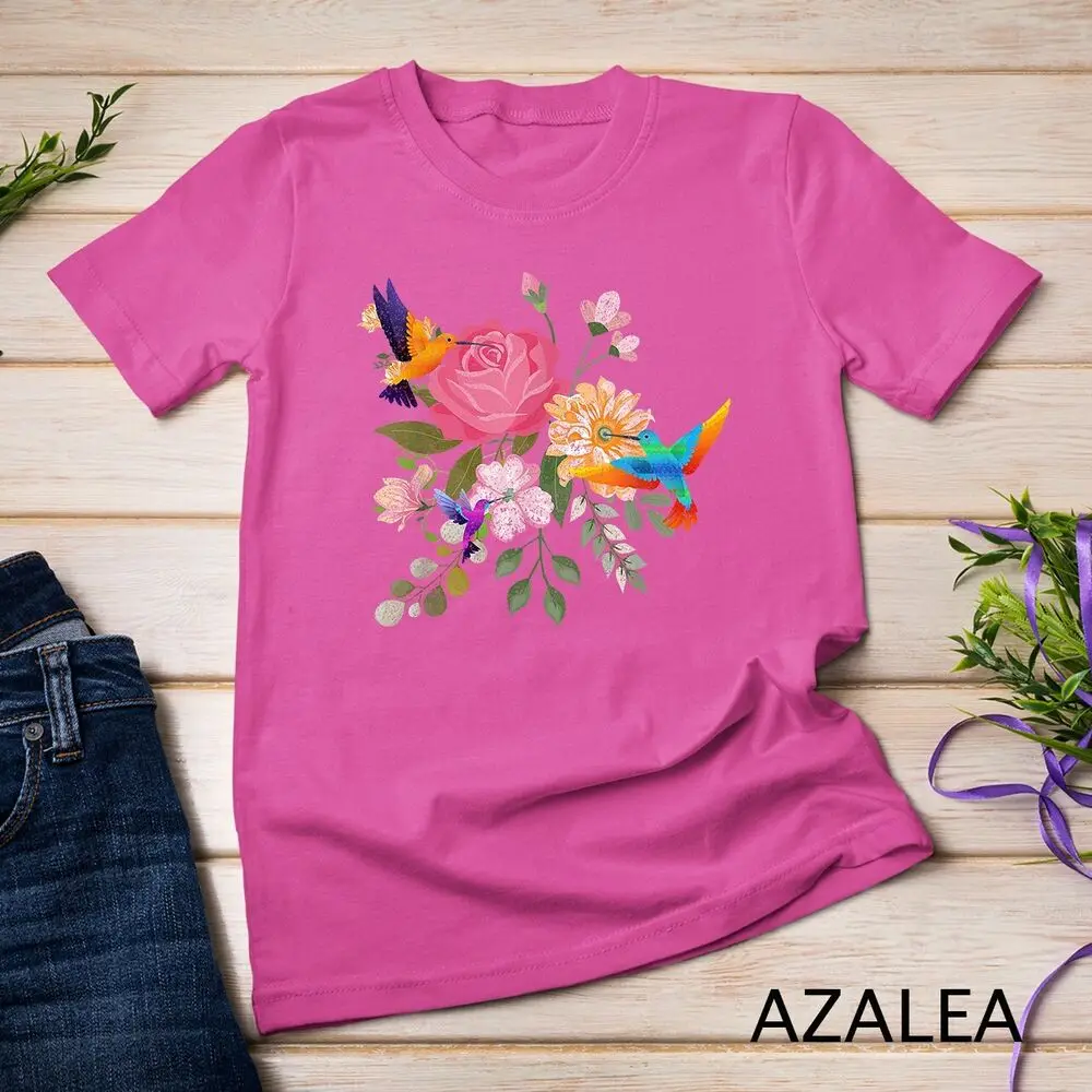 Vintage Bird Animal Lover Nature Roses Flowers Hummingbird Unisex T-shirt