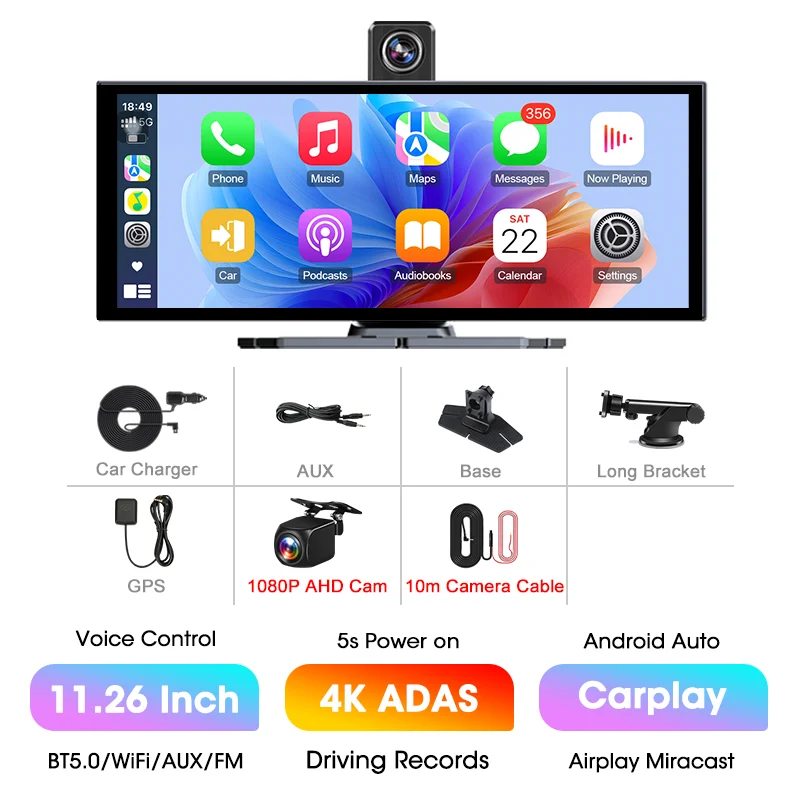 11.26 "4K ADAS Dash Cam Display Draadloos Android Auto CarPlay Scherm DVR Dubbele opname Nachtzicht Auto Intelligente systemen FM