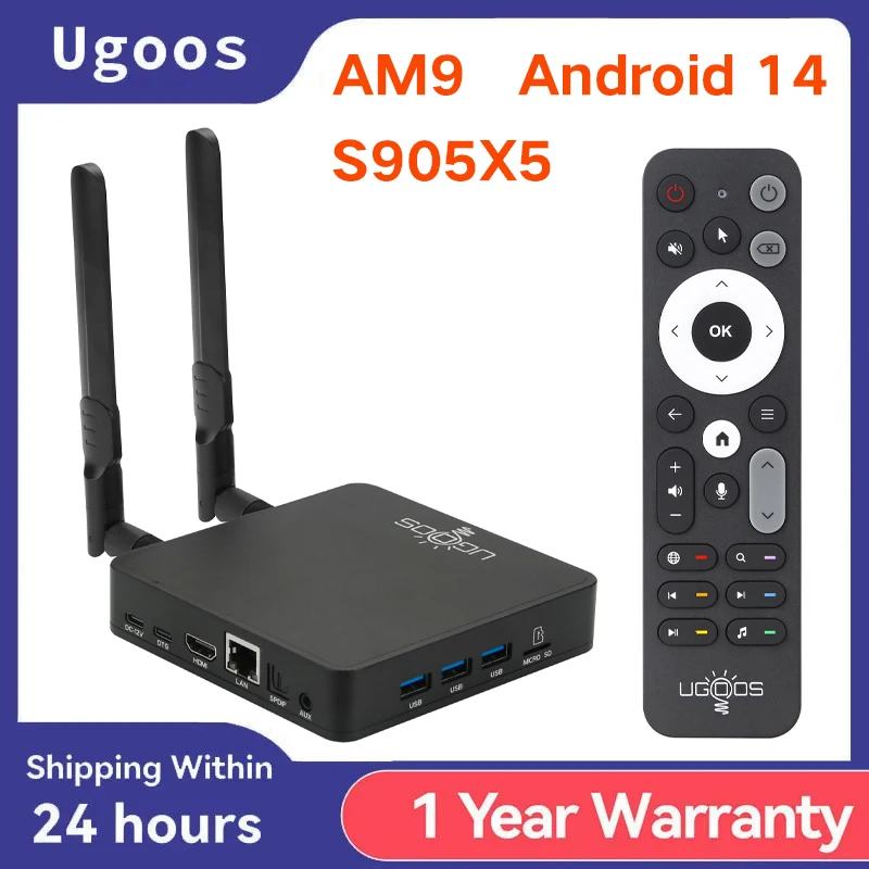 الأصلي Ugoos AM9 صندوق التلفزيون الذكي أندرويد 14 Amlogic S905x5 4GB 64GB WiFi BT5.2 1000M HDR أندرويد فك التشفير مشغل الوسائط