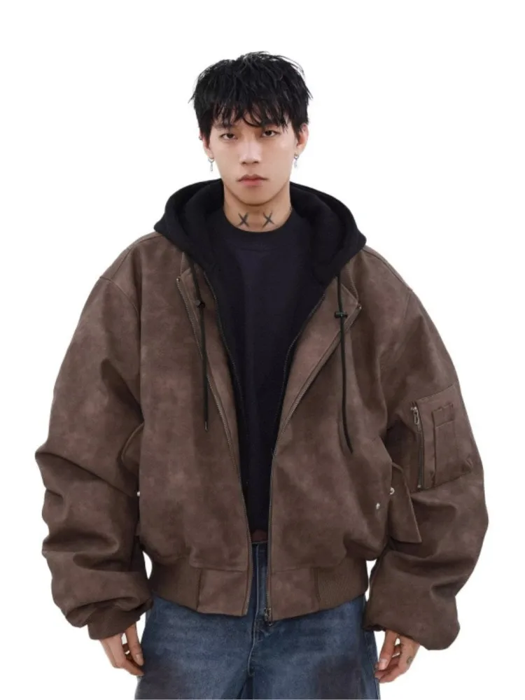 

PU Leather Baseball Jacket Man, Demi-season Hooded Jacket For Women, Oversize Men's Autumn Windbreaker