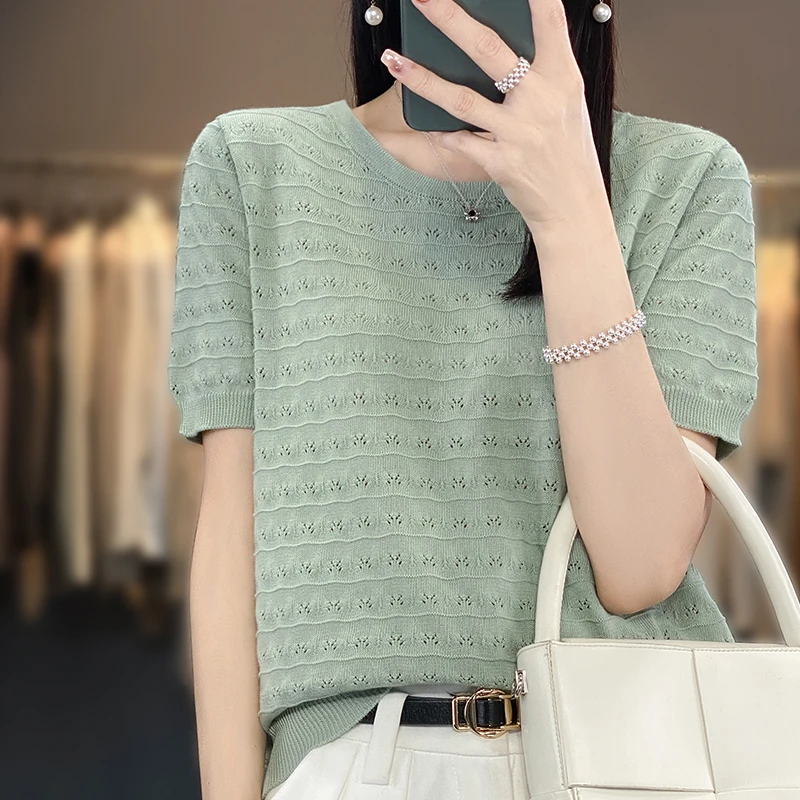 2023 Summer New Women\'s 100% Cotton Casual Solid Round Neck Pullover Short Sleeve Loose fitting Korean Knitted Fashion Top T-shi