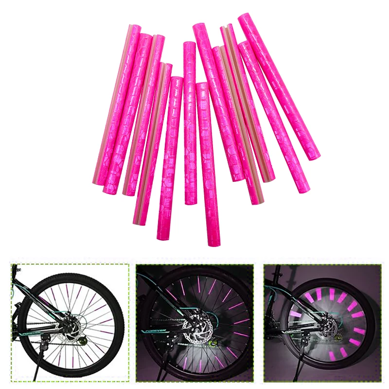 VOOFENG-tubo de luz de advertencia para llanta de bicicleta, Reflector reflectante para radios, color rosa, 12 piezas