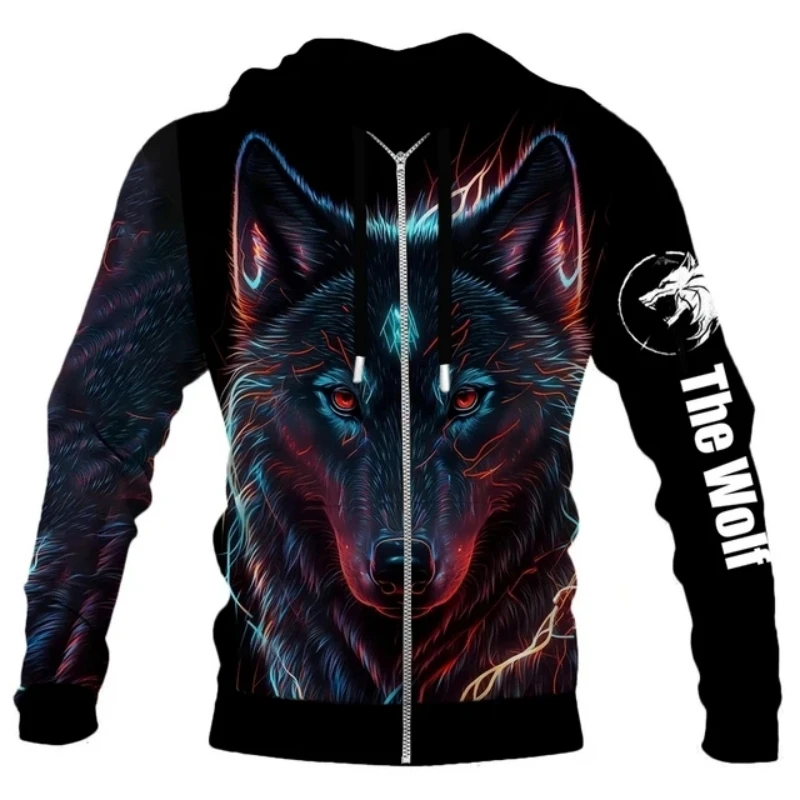 

New Trendy Hoodies For Men Clothes Zipper Y2k Wolf Pattern 3D Printed Casual Sweatshirts Pullover Hooded Oversized Clothing