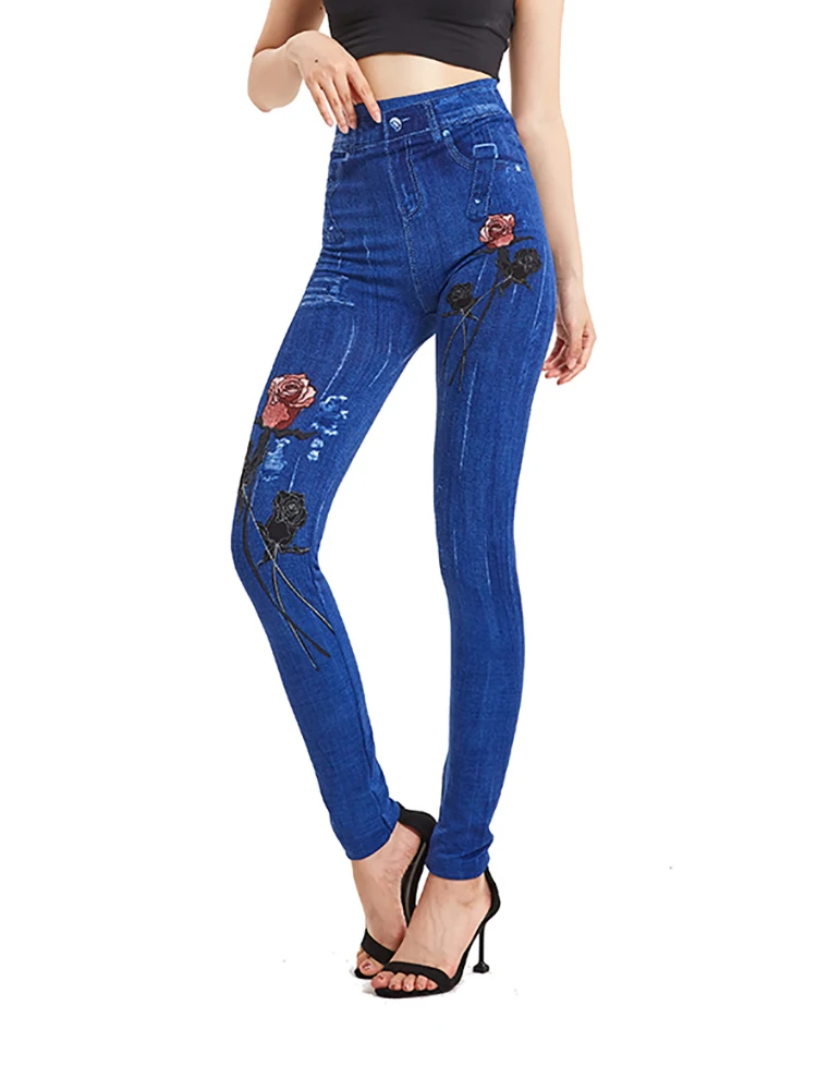 VISNXGI Elegant Women Clothes False Jean Stretchy Plus Size Pants High Waist Jegging Casual Red Rose Print Ladies Leggings S-3XL