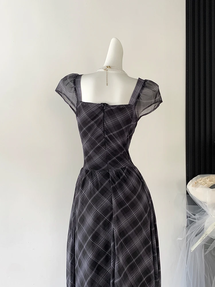 Summer Women Old Money French Vintage Midi Dress Plaid Frocks Square Collar Mori Girl One-Piece 2000s Party Evening Cottage