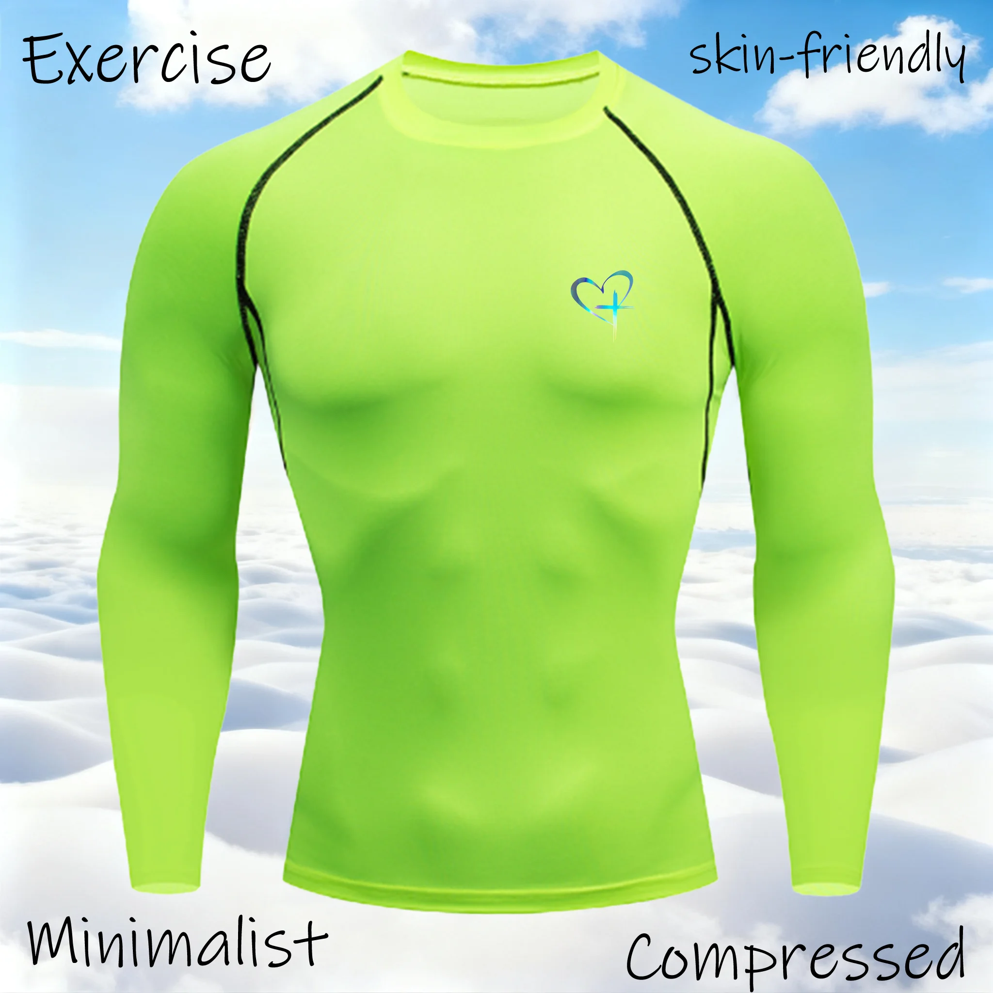 تي شيرت رياضي مطبوع عليه قلب سريع الجفاف لكمال الأجسام والجري قميص طويل الأكمام مضغوط قميص رياضي للرجال للياقة البدنية ضيق Rashgard