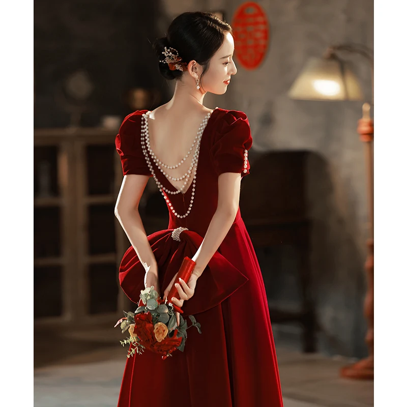 

Velvet Evening Gown Wedding Dr Bridesmaid Long Skirt High-End Sensation Knot Red Color Korean Sle ort Sve