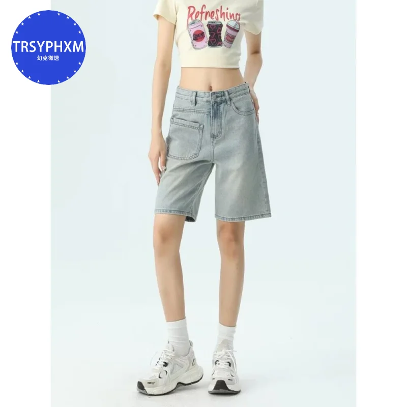 TRSYPHXM 2024 new American style high waisted denim shorts for women summer thin 2024 new loose straight leg shorts