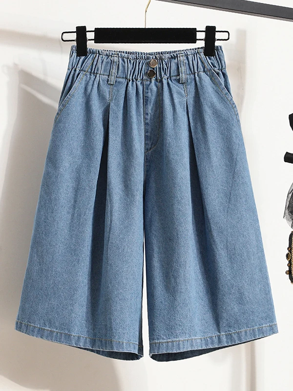 

High Waist Loose Fit Five Inch Shorts Casual Style Denim Women's Summer Fashion A-Line Wide Leg Pants Slimming Effect