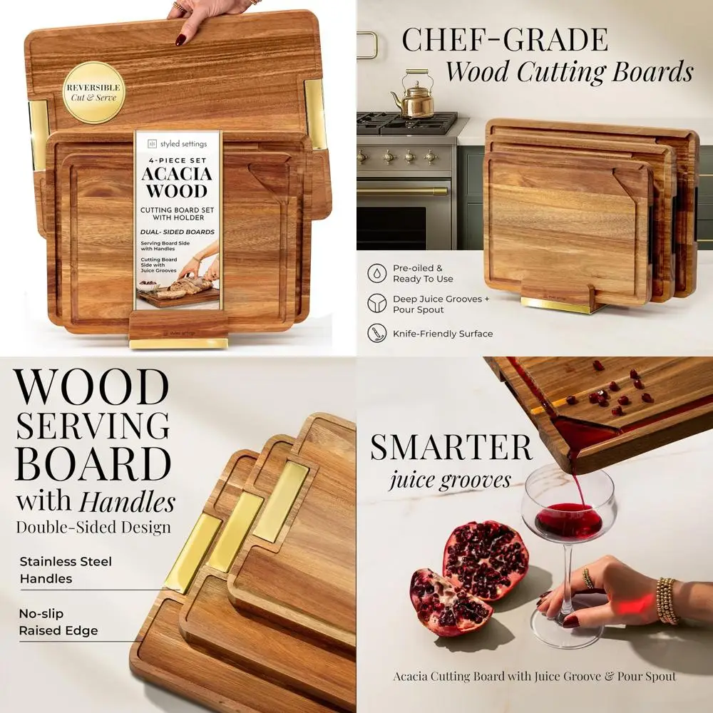 

Набор двусторонних деревянных разделочных досок с подставкой - 4-х секционная двусторонняя разделочная доска и поднос для закусок для стильных кухонь