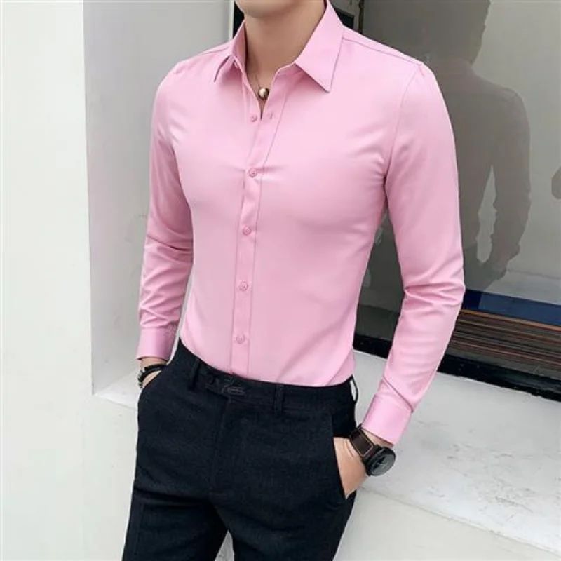 Man Tops Business Red Formal Plain Shirts and Blouses for Men Long Sleeve High Quality Luxury Designer Vintage Cotton Clothing S