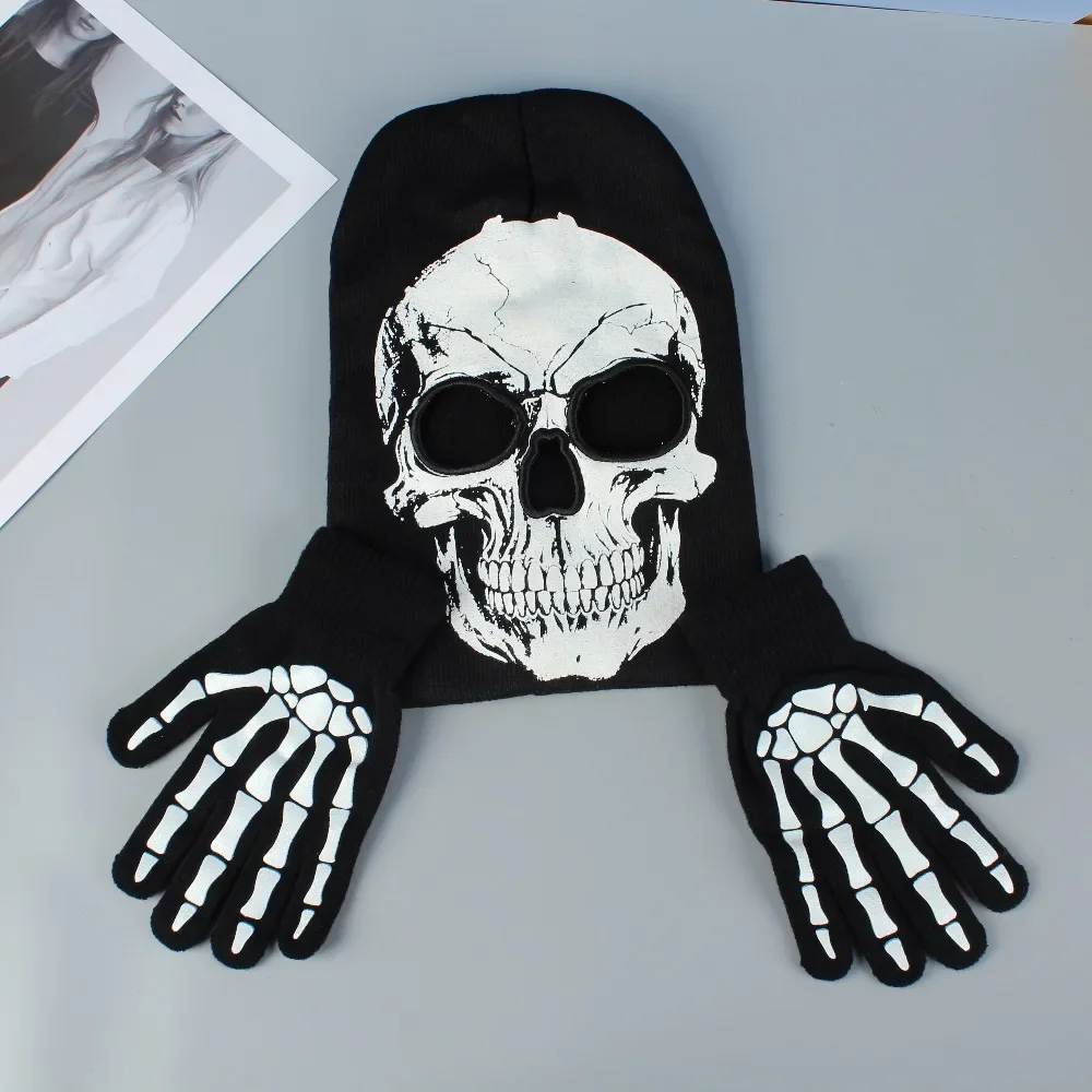 

Black and white skull gloves and hats for men and women Halloween party dress up suitable for outdoor windproof and warm keeping