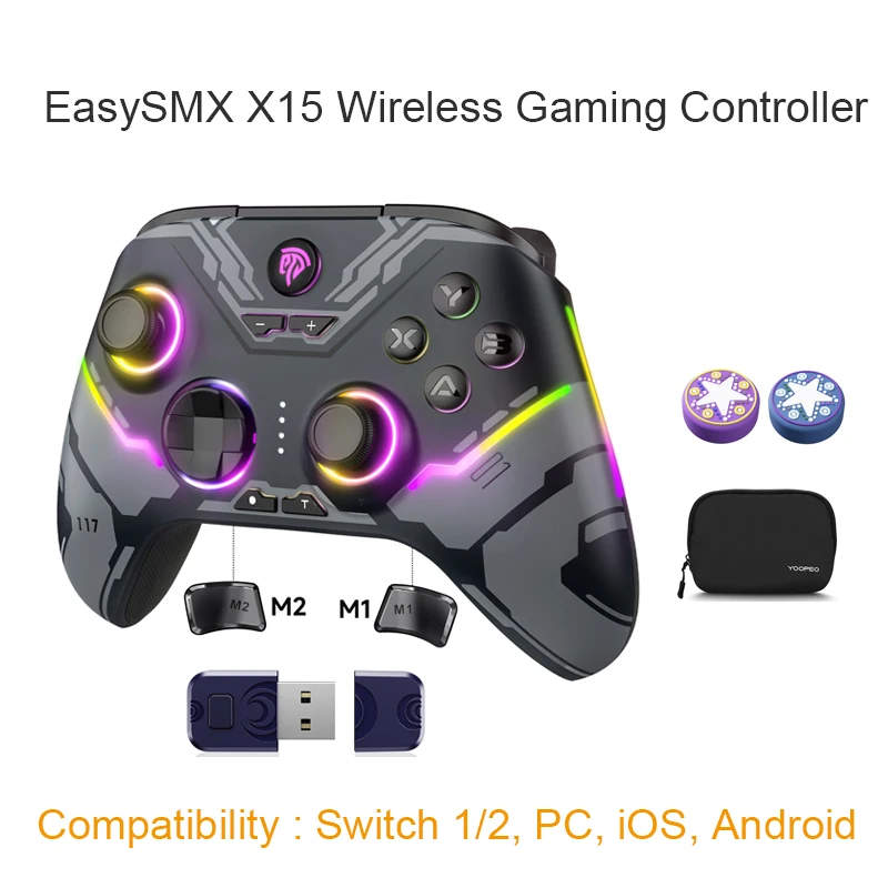 EasySMX X15 Hall Effect Gamecontroller, Bluetooth & 2.4G Gamepad voor PC NS Android iOS Steam TV, RGB-verlichting