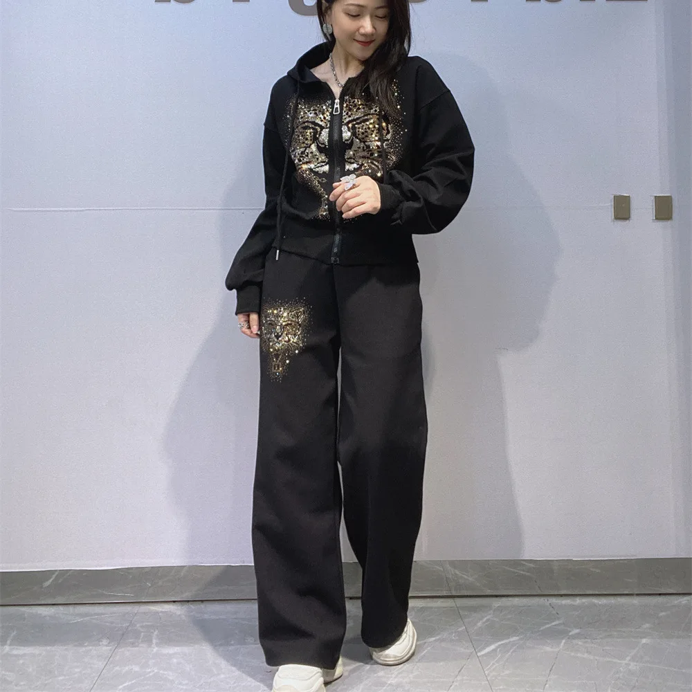 여성용 패션 후드 지퍼 스웨트셔츠 세트, 쿨 후디, 스트레이트 레그 팬츠, 헤비 인더스트리 라인스톤 디자인 스포츠 세트