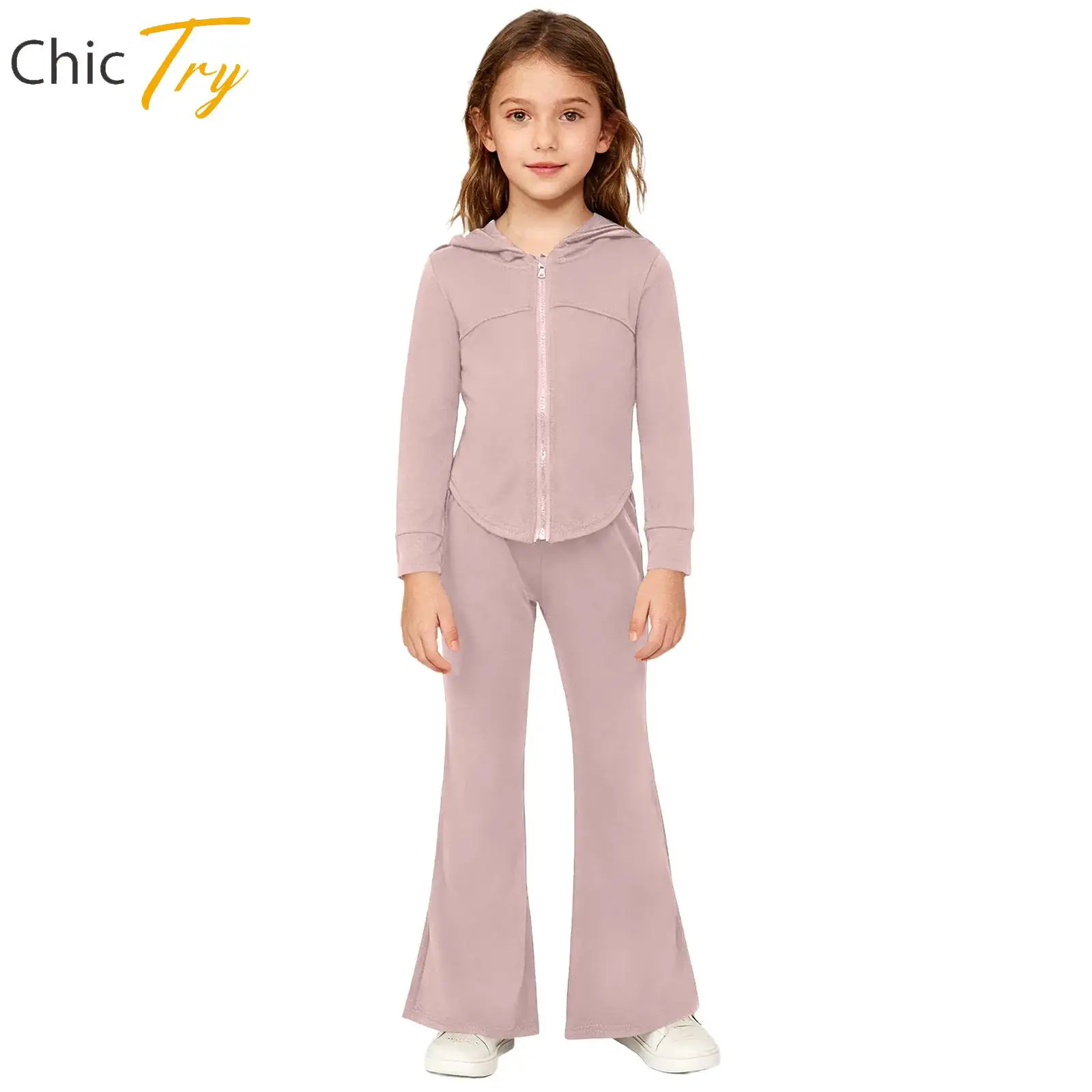 

Children Girls Stylish Yoga Sets Quick-Drying Sports Set Long Sleeve Zipper Hooded Sweatshirt Flared Pants Suit for Gym Workout