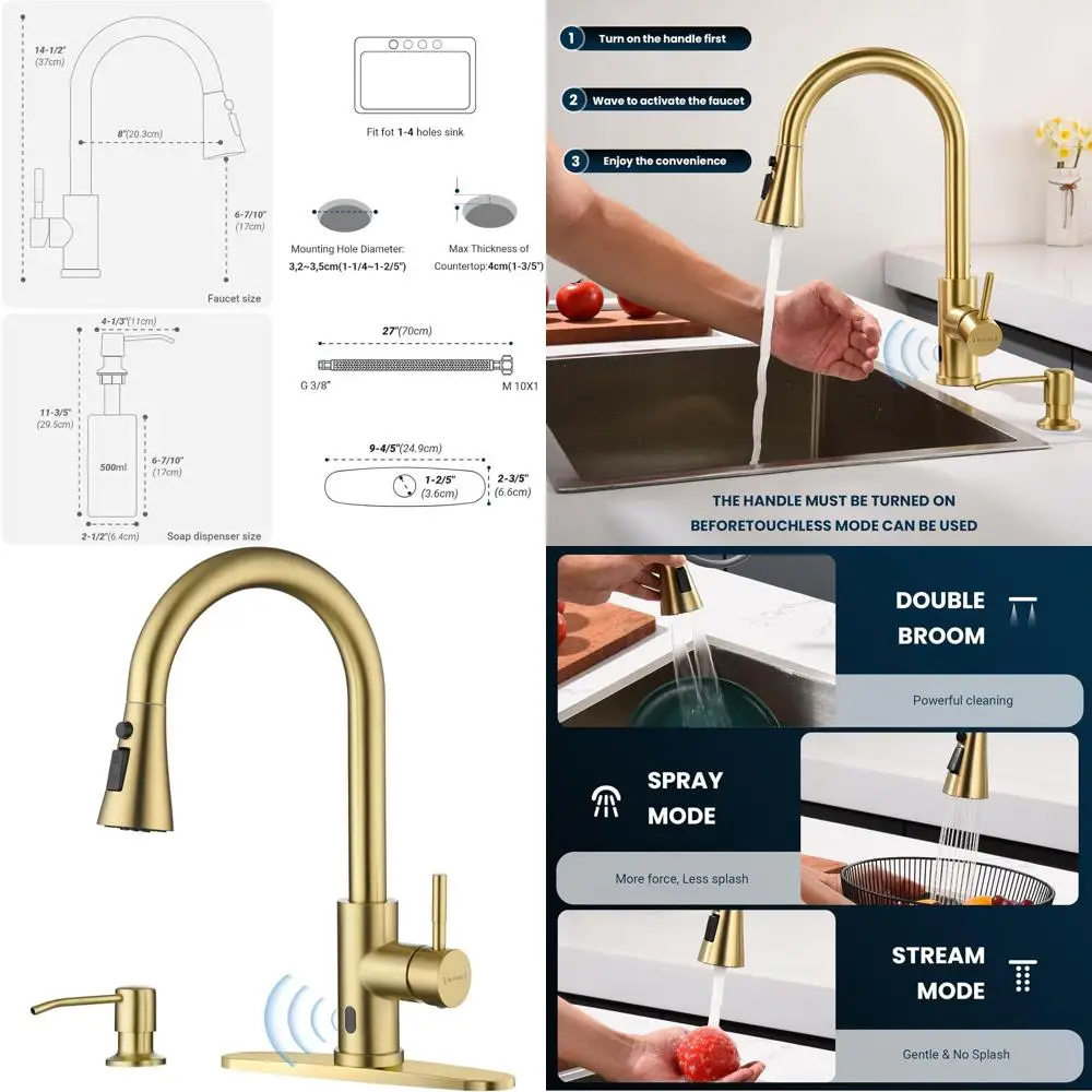 

Hands-Free Pull-Down Spray Kitchen Faucet with Soap Dispenser, Brushed Gold, Stainless Steel, Single Handle, Sensor-Activated fo