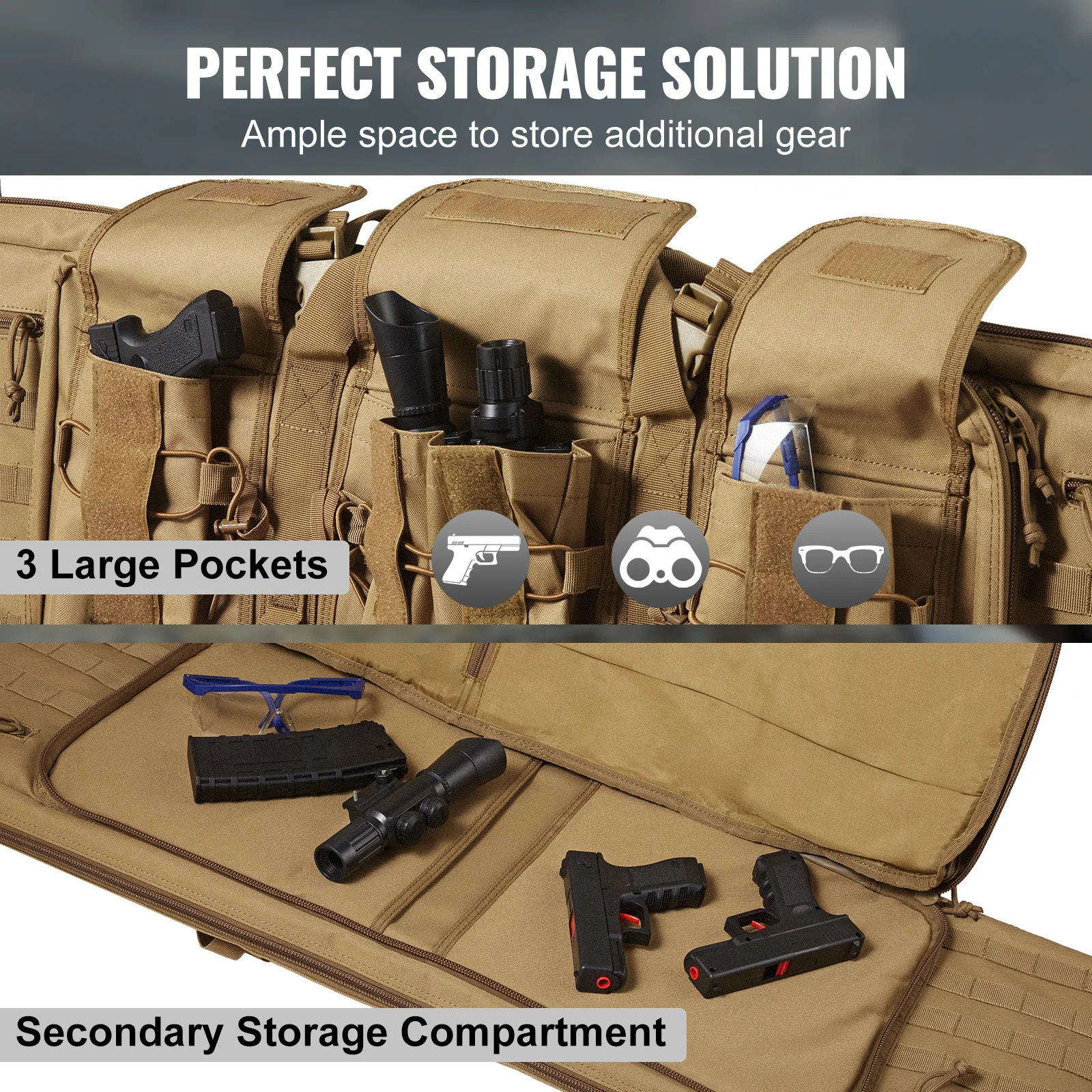 VEVOR Estuche para Rifle Bolsa Táctica Larga para Transporte de Armas 107cm con Sistema MOLLE Funda para Rifle con Correa para Hombro Cremallera con Cerradura para 2 Rifles 102cm y 2 Pistolas, Marrón