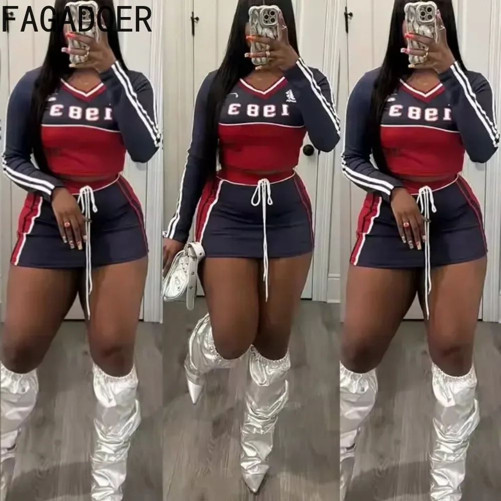 FAGADOER Sweet Women 2-częściowy zestaw Outfit Letter Print Lace Patchwork Crop Top i Bubble Puff Bubble Skirt Suits Y2K Streetwear