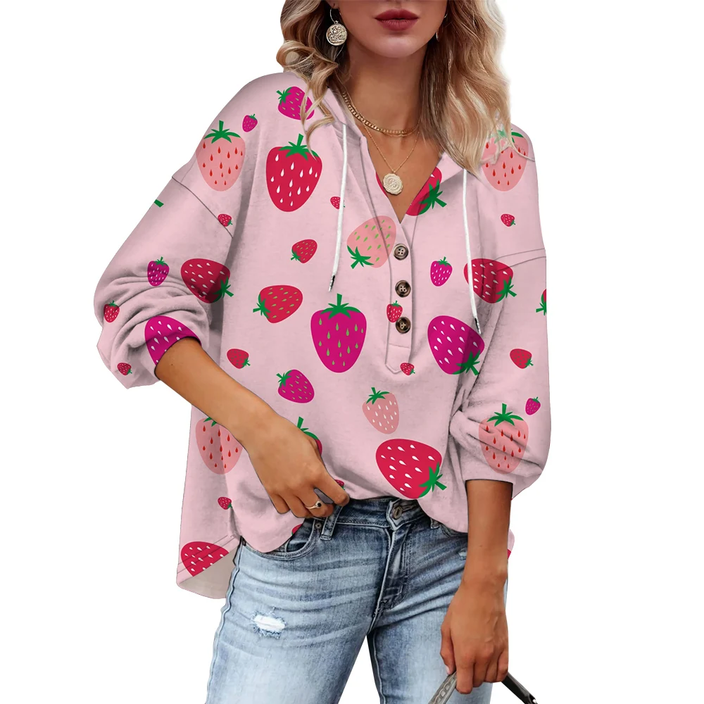 CLOOCL 3d Print Hoodie Women Stylish Streetwear Loose Casual Female Long Sleeve Pullover Watercolor Strawberry Hoodie Sweatshirt