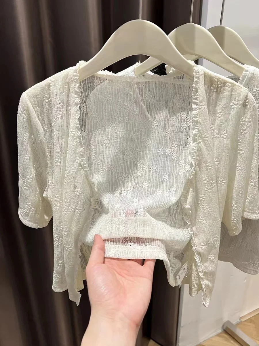 Women's Lace Hook Flower Light Summer ort Sve Open Cardigan White ort Outerwear with Strap Dr Cover up Top