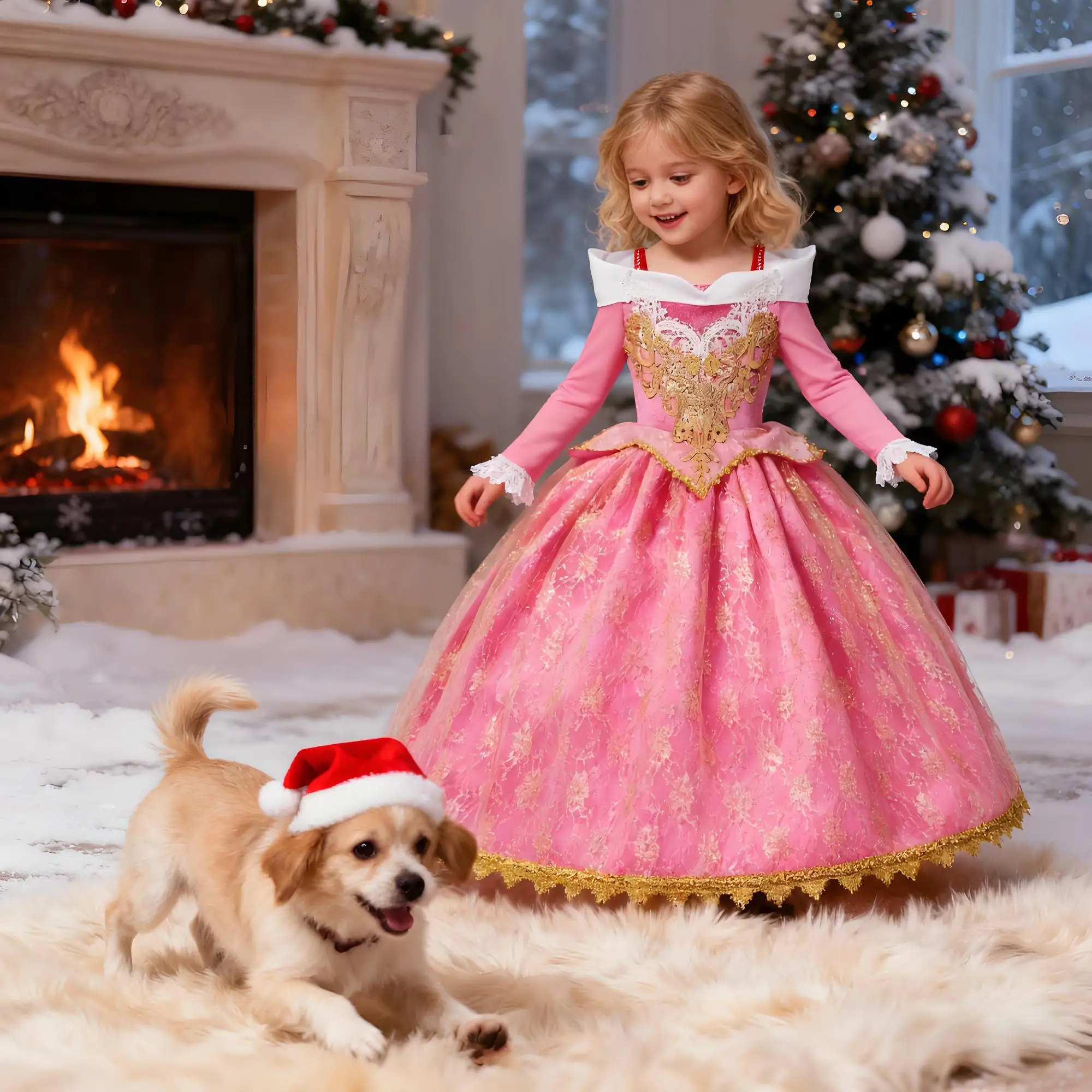 

Girls Princess Dress Sleeping Beauty Aurora Cosplay Costume 2025 Kids Carnival Birthday Party Pink Long Sleeve Evening Dresses