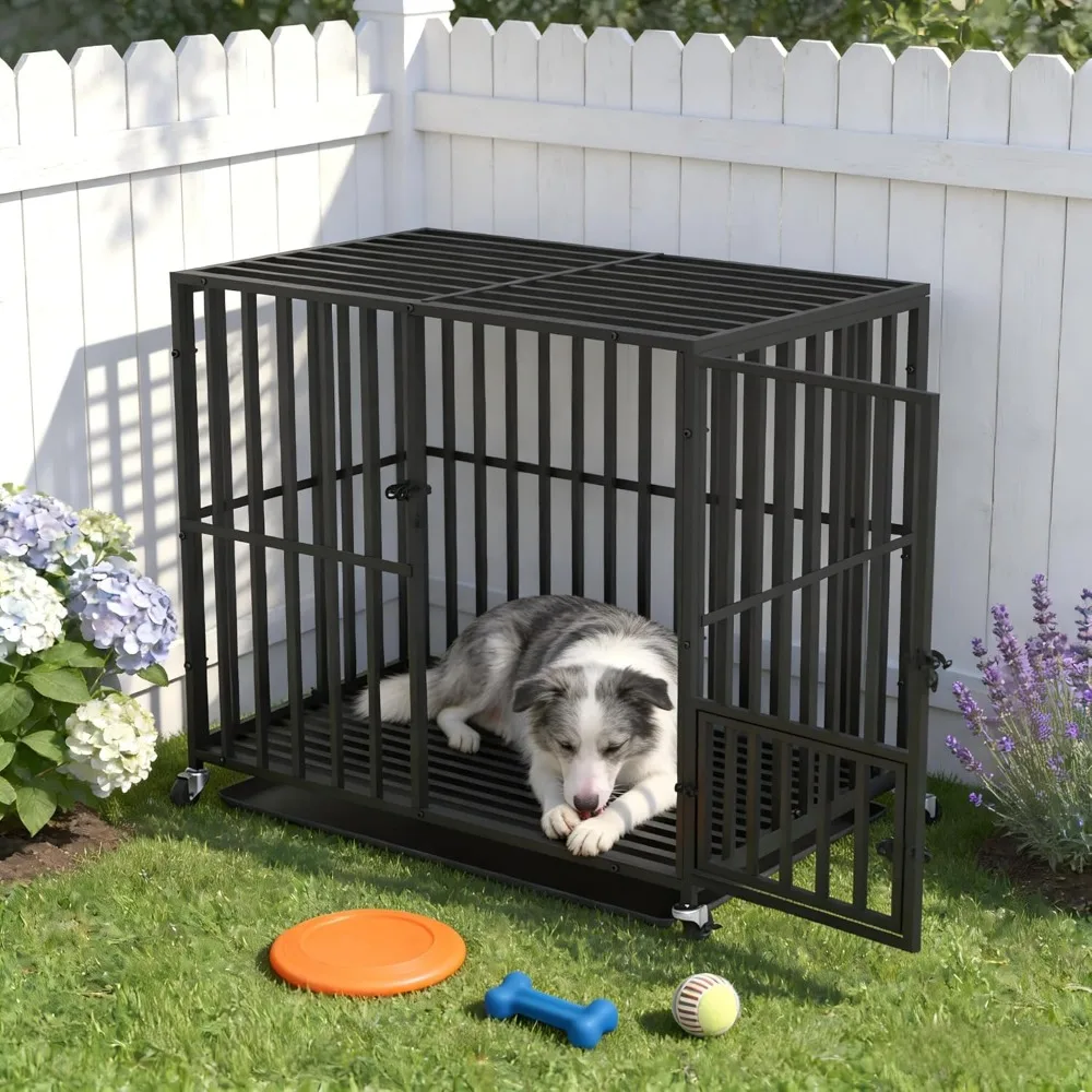 

Heavy Duty Dog Crate: 38Inch Metal Dog Kennel,Dog Cage Escape Proof for Medium Dogs with Wheel and Tray