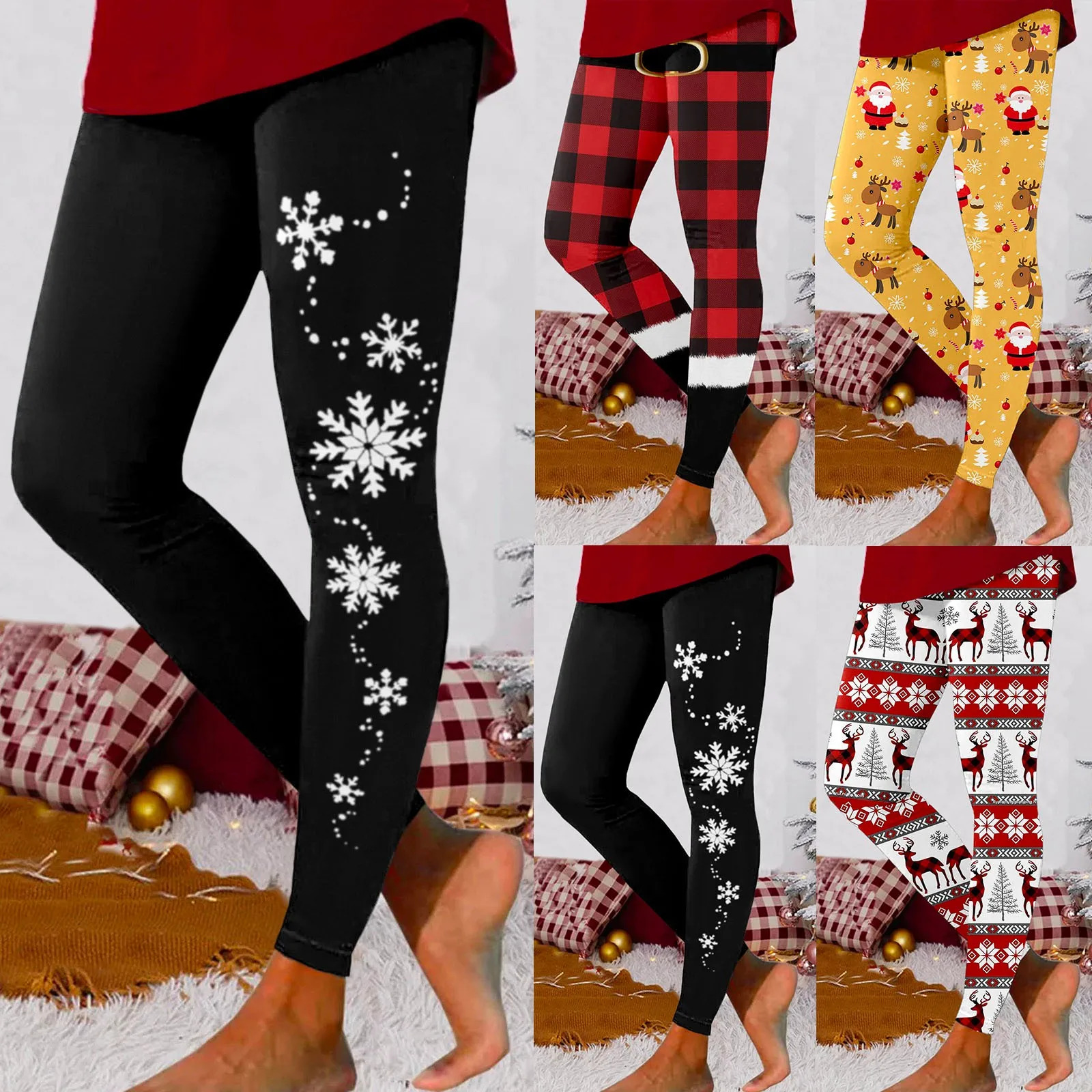 Leggings For Women Casual Workout Out Leggings Christmas Print Color Block Pants Soft Stretchy Leggings 2025 Casual Warm Wear