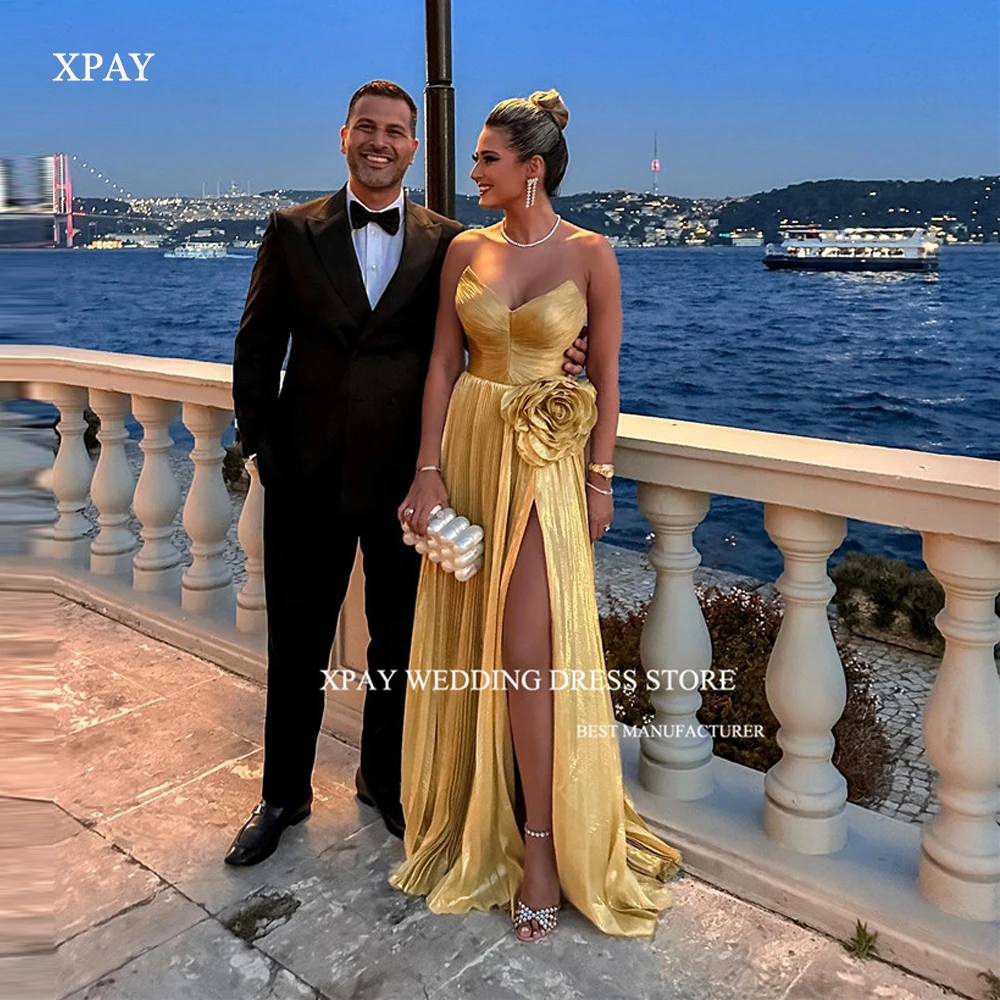 

XPAY Sexy Sweetheart Gold Evening Dresses Women Dubai Celebrity Dress Long Sweetheart 3D Flowers Split Shiny Prom Gowns Party