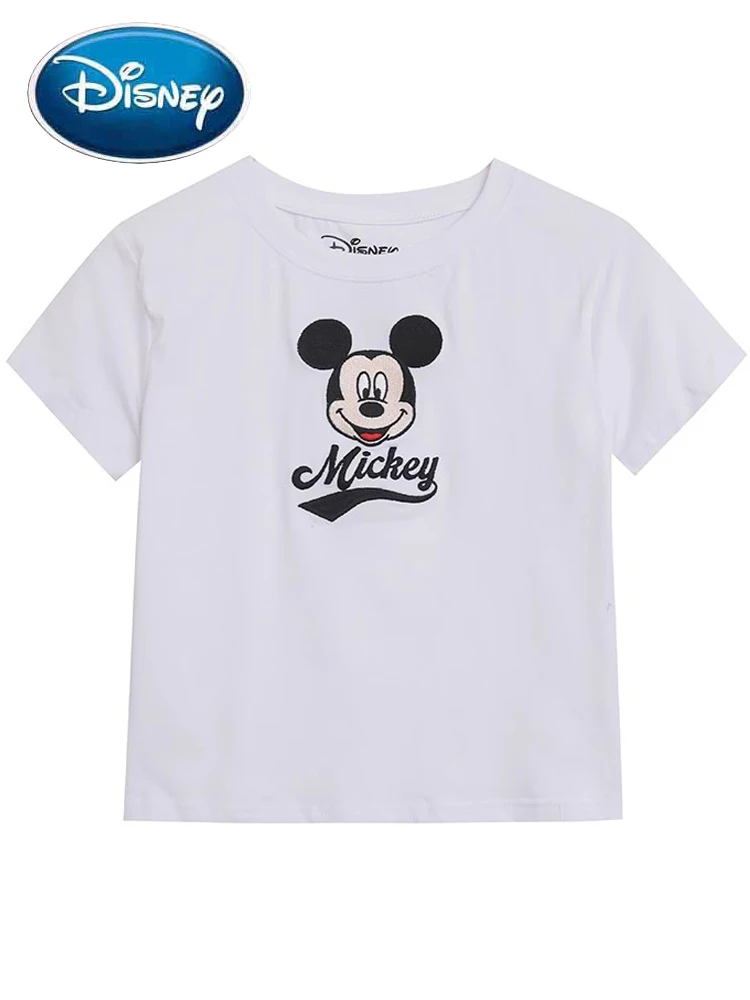 Disney Mickey Mouse Cartoon Print Embroidery T-Shirt Fashion Women O-Neck Pullover Short Sleeve Short Crop Tee Tops White Female