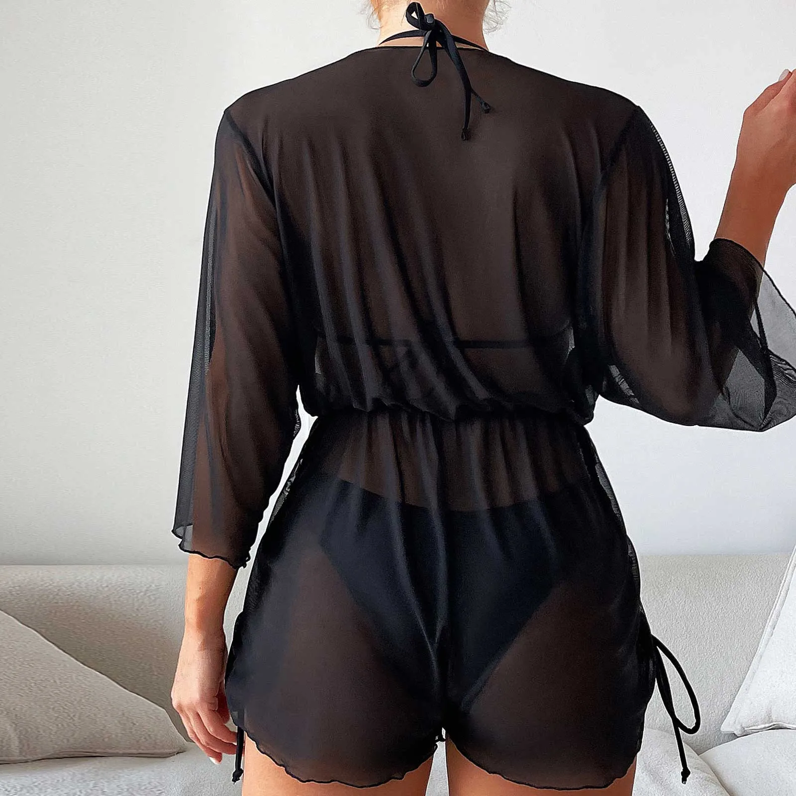 Conjunto de biquíni de três peças com cobertura para mulheres, maiô monocromático, maiô feminino, conjunto de banhista halter, roupa de banho nova 2024