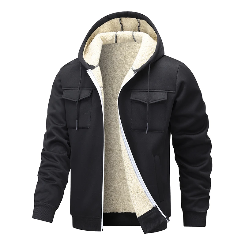 

2025 Winter High Quality New Men's Fleece Lined Hoodie Jacket Hard Man Style Casual Long Sleeve Zipper Closure Color Coat
