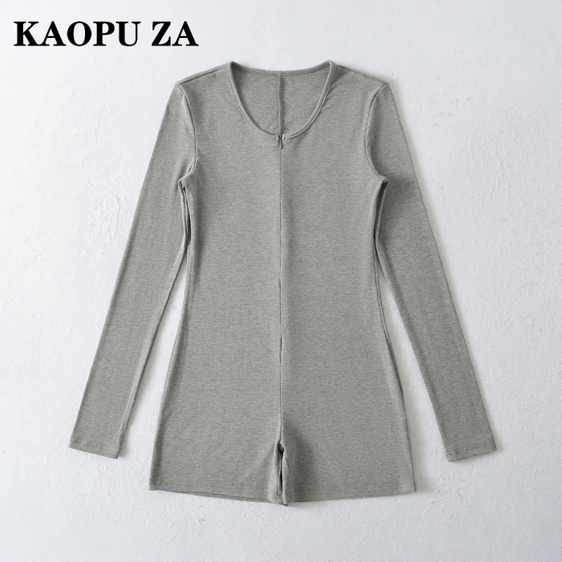 KAOPU ZA 2024 Autumn Wear Lady Casual Long Sleeve Knitted Jumpsuit Short Pants Streetwear Spring Woman's O-Collar Ruffles zipper