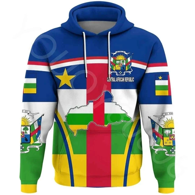 2024 New 3D printed African men's casual print loose Harajuku hoodie Central African Republic activity flag zippered hood