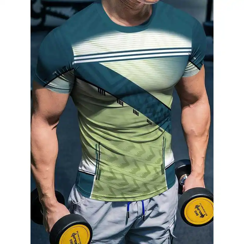 Men's High-Elasticity Quick-Dry Green Gradient Fitness ApparelTGeometric pattern sports short-sleeve tight-fitting shirt