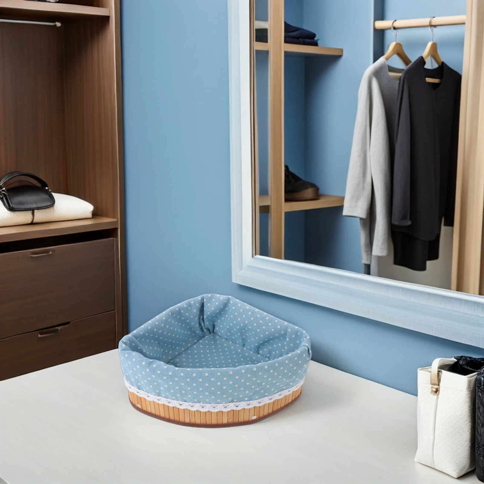 

Triangle Organiser Basket Fan Shaped Bamboo Woven Storage Bin For Corner Countertop Shelf Bathroom Bedroom Decorative