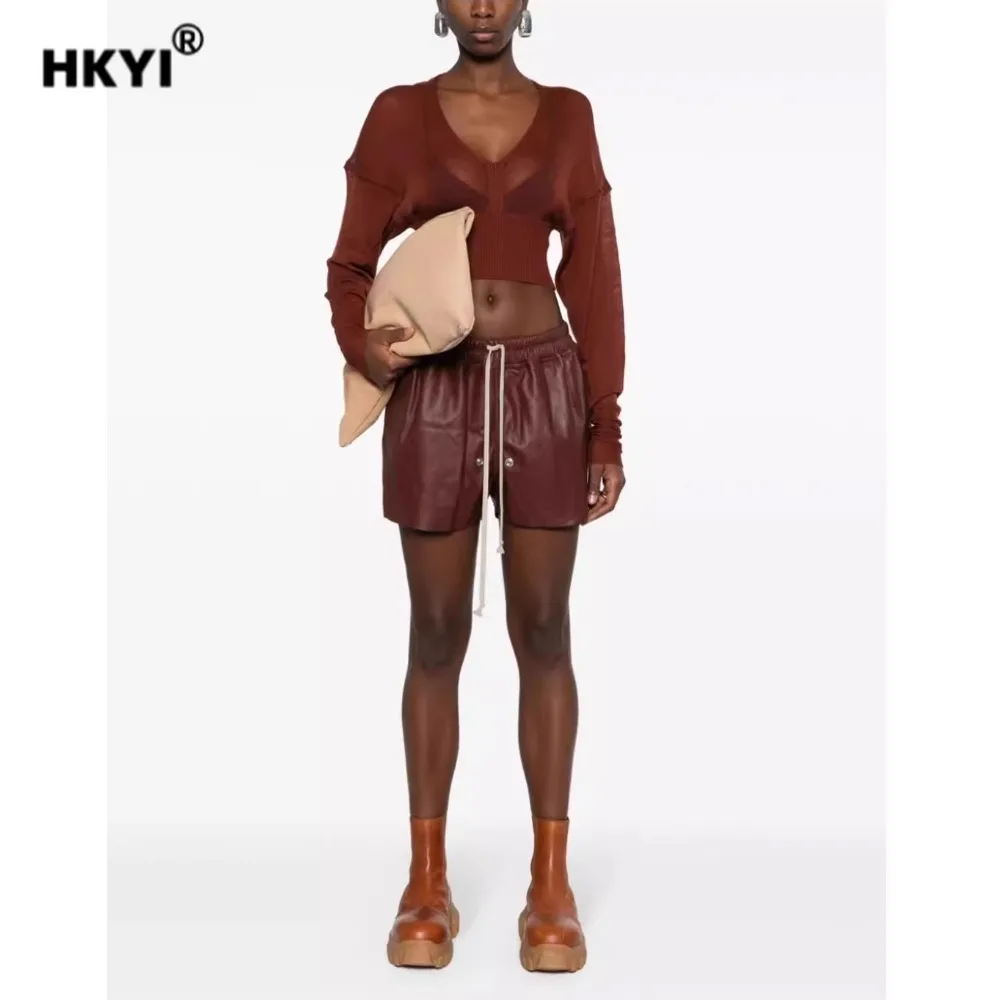 

HKYI women's summer soft leather PU shorts with perforated drawstring and elastic slit shorts women shorts