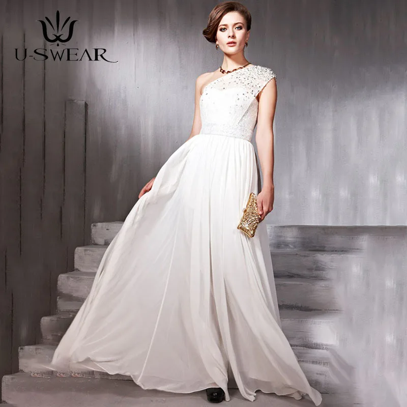 Classic Ivory Evening Dresses One-Shoulder Sleeveless Prom Dresses Lace Beading Women Long Evening Gown Robe De Soiree