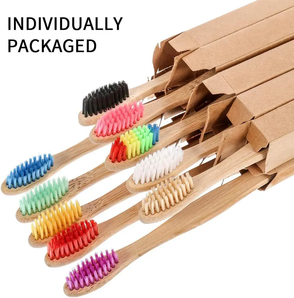 New 10 Pack Bamboo Toothbrushes Nylon Bristles Natural Biodegradable Eco-Friendly BPA Free Wooden Toothbrush Set,Assorted Colour