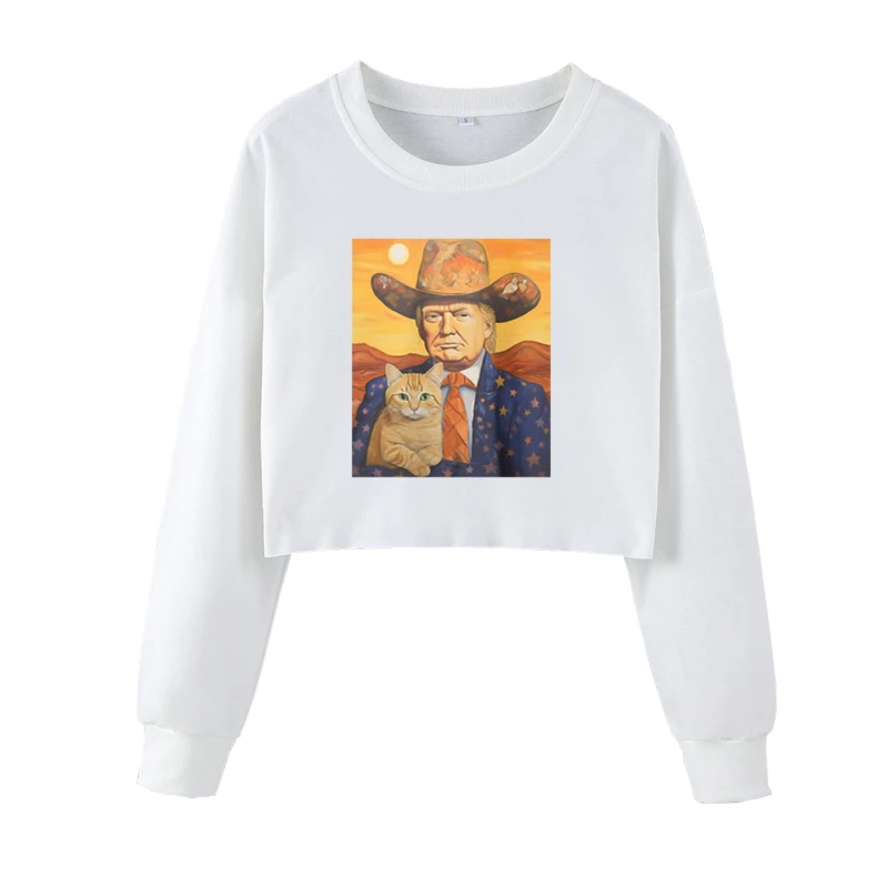 Cowboy Trump With A Cat Funny Presidential Sweatshirt Cute Cartoon Prints Cropped Pullover Autumn Clothing Gift For Cat Lovers