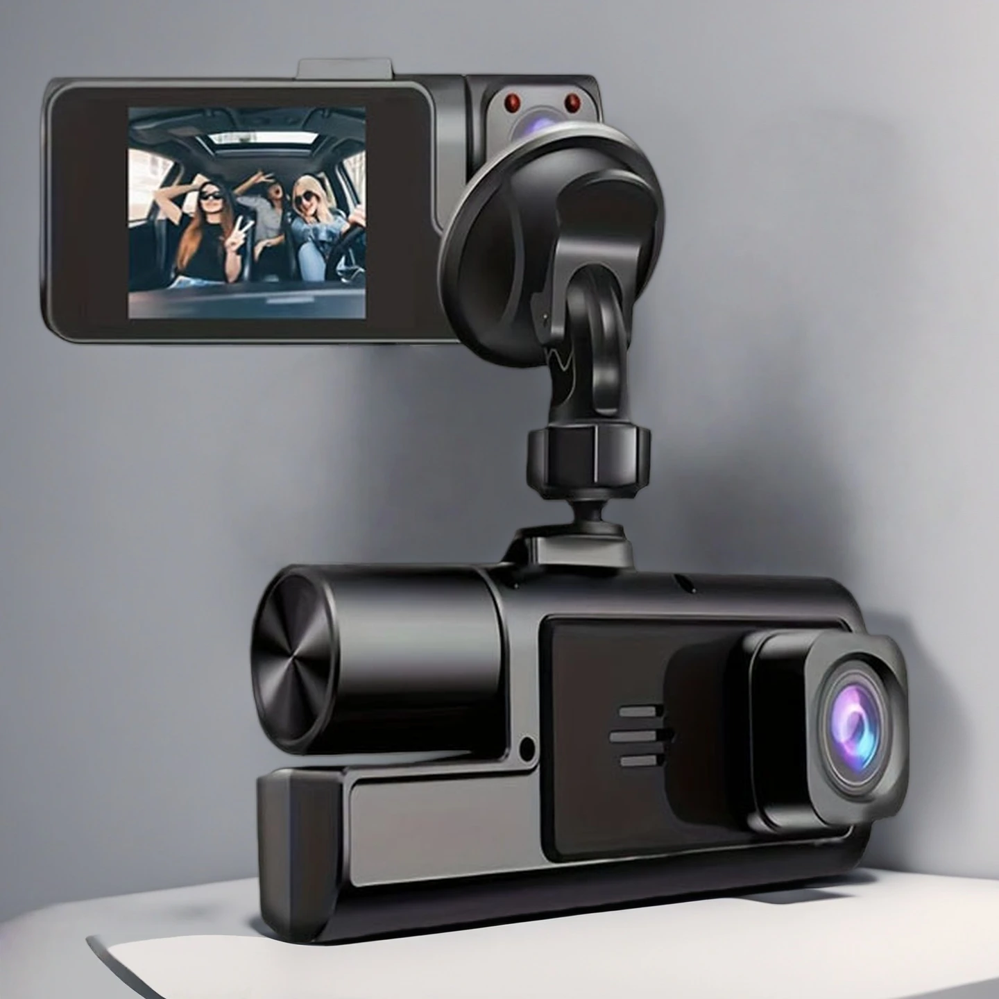 

Ensure total road safety with this lens dash cam, capturing front, rear, and interior views in 1080P