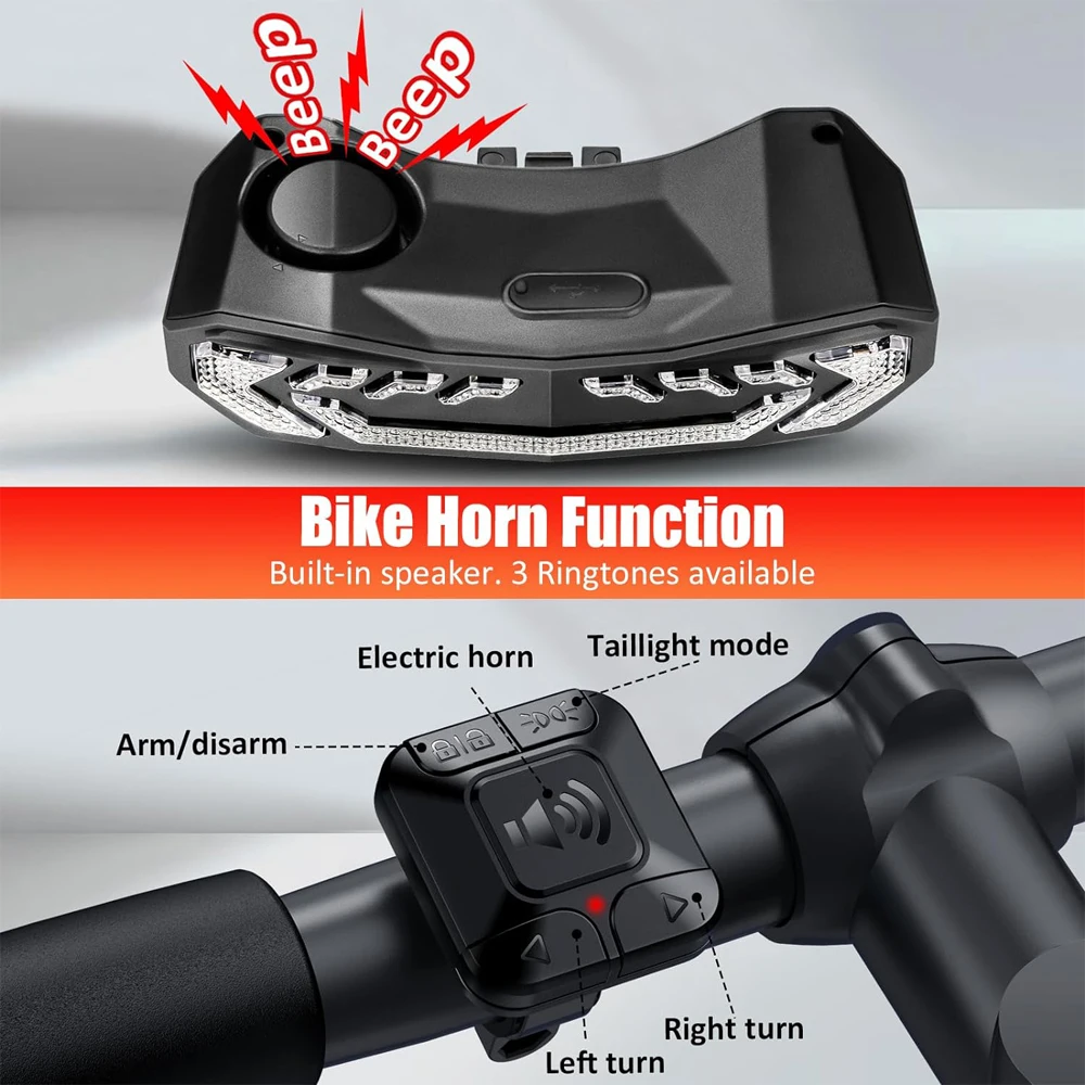 Sectyme Bike Tail Light com Turn Signals, Luz de freio, controle remoto sem fio, Bike Horn Alarme, Carga Rack, recarregável