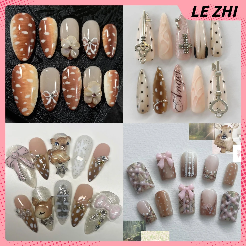 

Autumn/winter 2025 Popular Fawn Pattern Press On False Nail Art 10Pcs Handmade 3D Hand-Drawn Little Deer Nails Sticker Gift