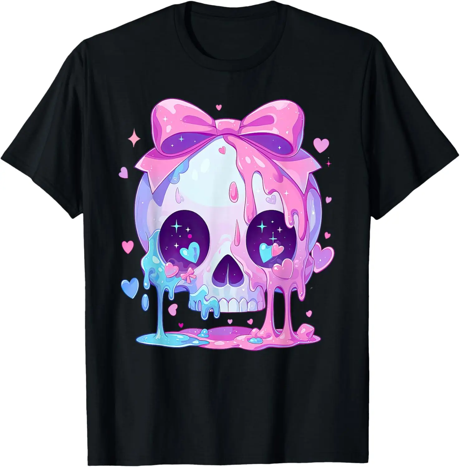 

Melty Pastel Goth Skull Kawaii Bow Graphic Tee Soft Cotton Casual T-Shirt Valentines Day Gift