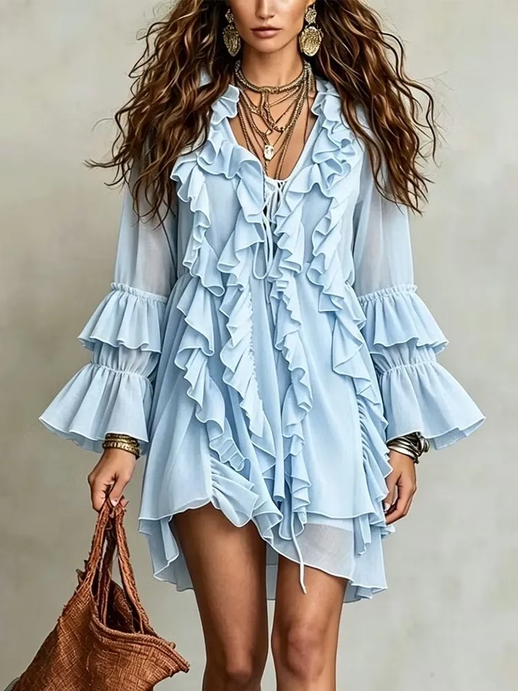 Autumn Women's Seven Sleeve Casual Style Polyester Material 2026 New Fashion V-neck Ruffle Lace Dress