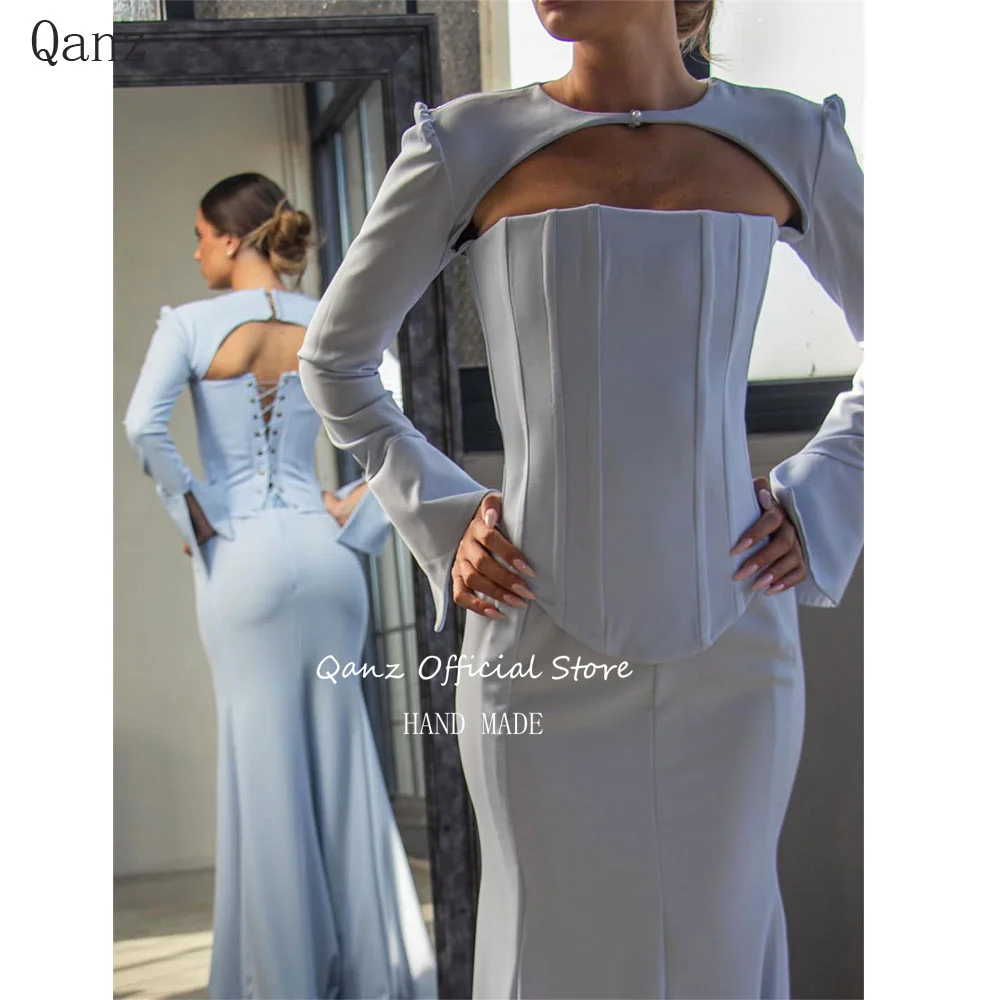 

Qanz винтажные небесно-голубые атласные вечерние платья Русалка из трех предметов платья для гостей свадьбы с длинными рукавами вечерние платья для выпускного вечера по индивидуальному заказу