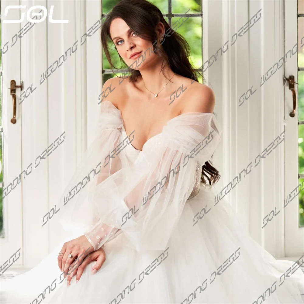 Sol Gorgeous Off The Shoulder Sweetheart Tulle Wedding Dress Elegant Puff Sleeves Back Up A-Line Bridal Gown Robe De Mariee