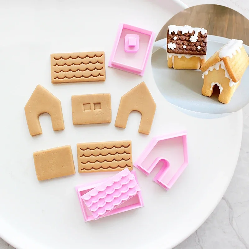 1 Juego de molde cortador de galletas para casa de pan de jengibre, Mini casa de Navidad de dibujos animados, montaje artesanal, estampador de galletas, Fondant, sellos, herramientas para hornear