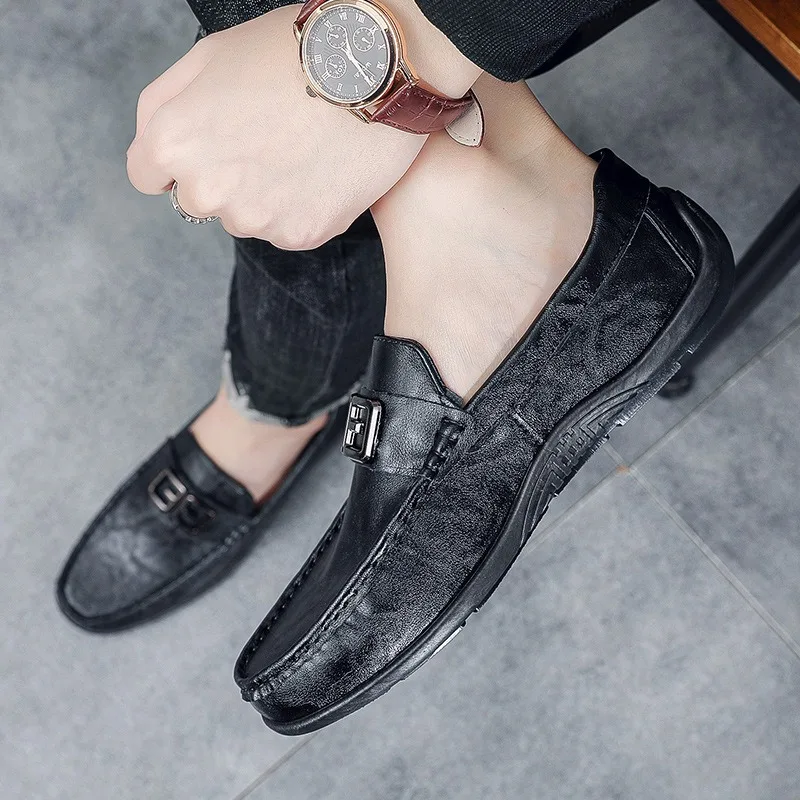 luxury brand black shoes for man loafers PU leather casual shoes designer barefoot hombre
